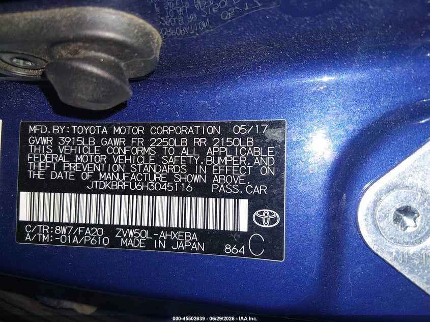 2017 Toyota Prius VIN JTDKBRFU6H3045116 IAAI salvage auction — NORMAL WEAR, Clear (Tennessee), sold $2,250 on 2026-07-13 (photo 9)