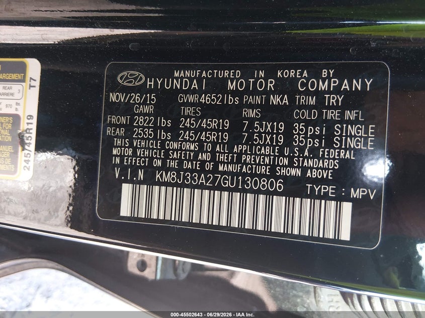 2016 Hyundai Tucson VIN KM8J33A27GU130806 IAAI salvage auction — NORMAL WEAR, Clear (South Carolina), sold $3,500 on 2026-07-28 (photo 9)
