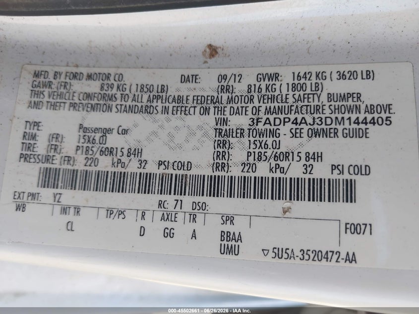 2013 Ford Fiesta VIN 3FADP4AJ3DM144405 IAAI salvage auction — NORMAL WEAR, Restored (Arizona), sold $350 on 2026-07-30 (photo 9)