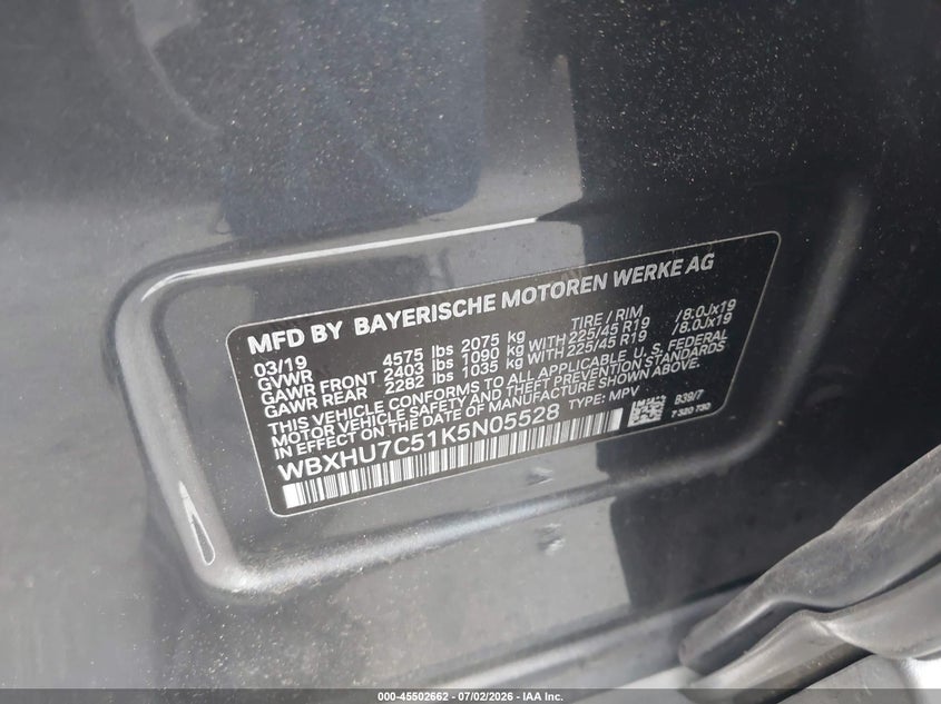 2019 BMW X1 VIN WBXHU7C51K5N05528 IAAI salvage auction — REAR END, Salvage Certificate (California), sold $6,000 on 2026-07-22 (photo 9)