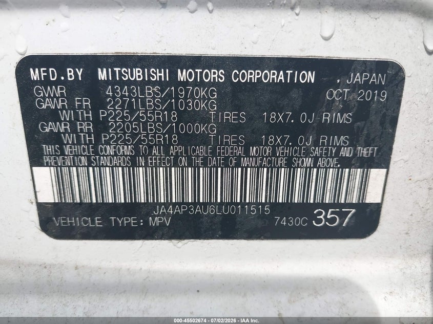 2020 Mitsubishi Outlander sport VIN JA4AP3AU6LU011515 IAAI salvage auction — NORMAL WEAR, Clear (Mississippi), sold $525 on 2026-07-23 (photo 9)