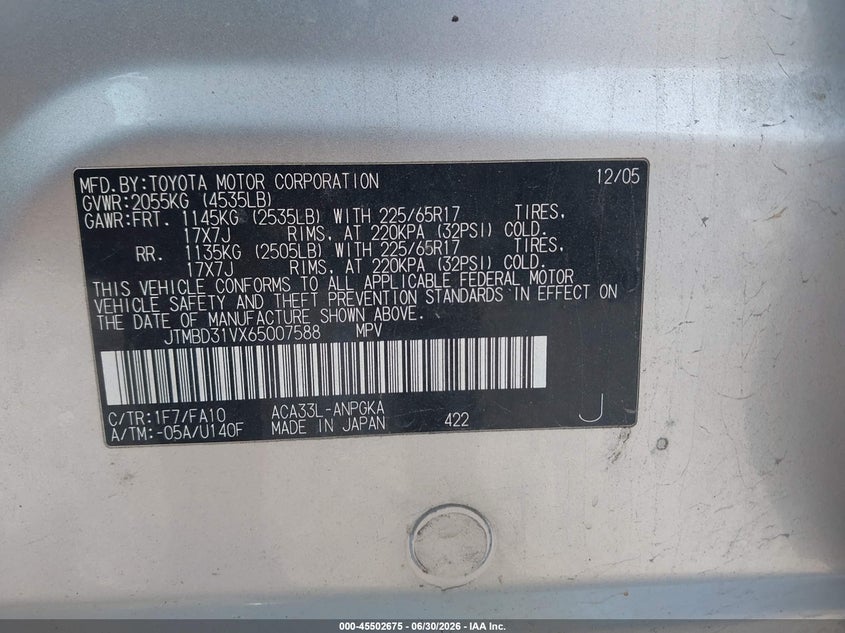 2006 Toyota Rav4 VIN JTMBD31VX65007588 IAAI salvage auction — RIGHT FRONT, Mv-907A (New York), sold $625 on 2026-07-28 (photo 9)