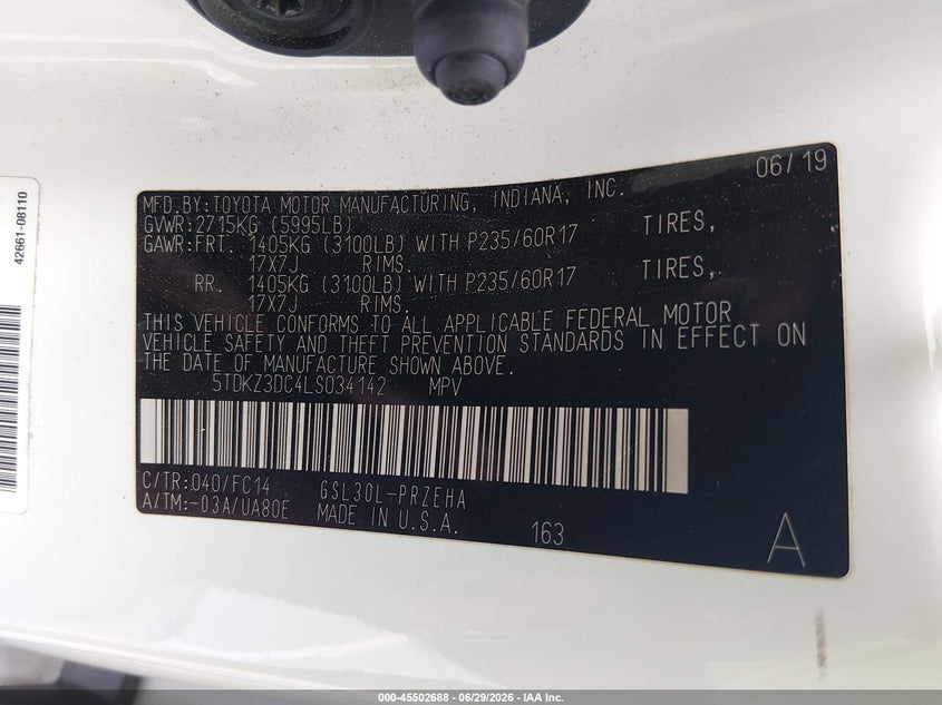 2020 Toyota Sienna VIN 5TDKZ3DC4LS034142 IAAI salvage auction — FRONT END, Salvage (North Carolina), sold $4,550 on 2026-07-22 (photo 9)