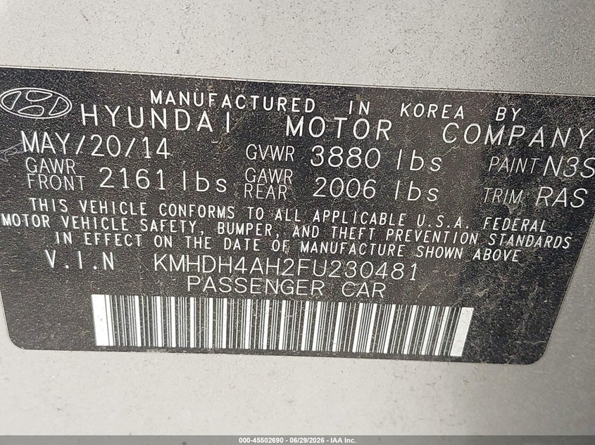 2015 Hyundai Elantra VIN KMHDH4AH2FU230481 IAAI salvage auction — NORMAL WEAR, Clear (Montana), sold $1,400 on 2026-07-22 (photo 9)