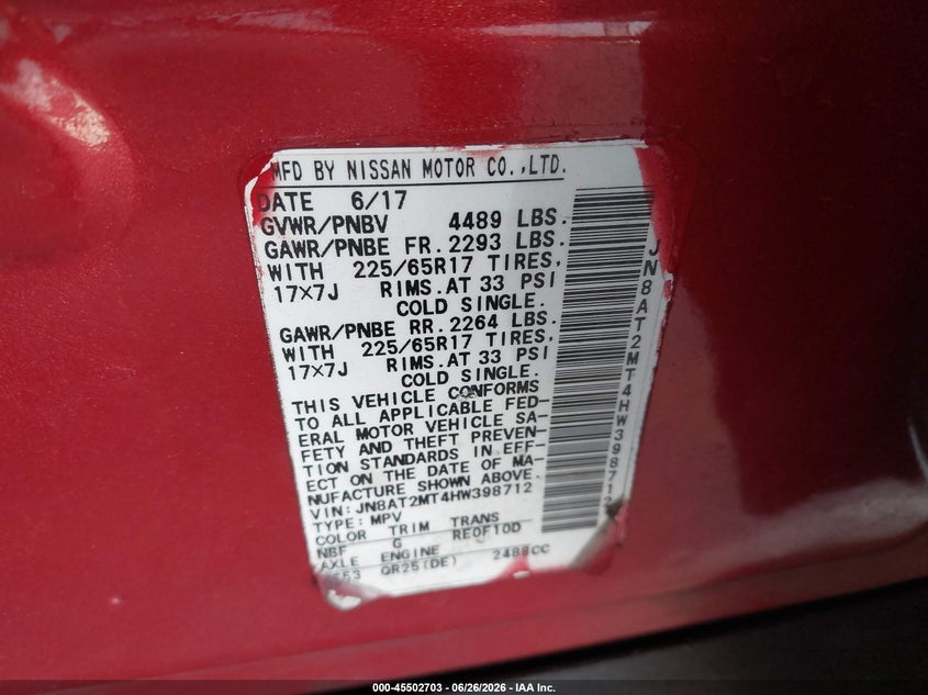 2017 Nissan Rogue VIN JN8AT2MT4HW398712 IAAI salvage auction — REAR END, Salvage (California), sold $2,650 on 2026-07-14 (photo 9)