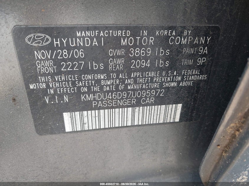 2007 Hyundai Elantra VIN KMHDU46D97U095972 IAAI salvage auction — NORMAL WEAR, Clear (New York), sold $450 on 2026-07-21 (photo 9)