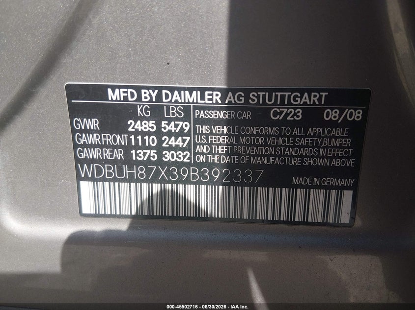 2009 Mercedes-benz E-class VIN WDBUH87X39B392337 IAAI salvage auction — NORMAL WEAR, Clear (Pennsylvania), sold $400 on 2026-07-29 (photo 9)