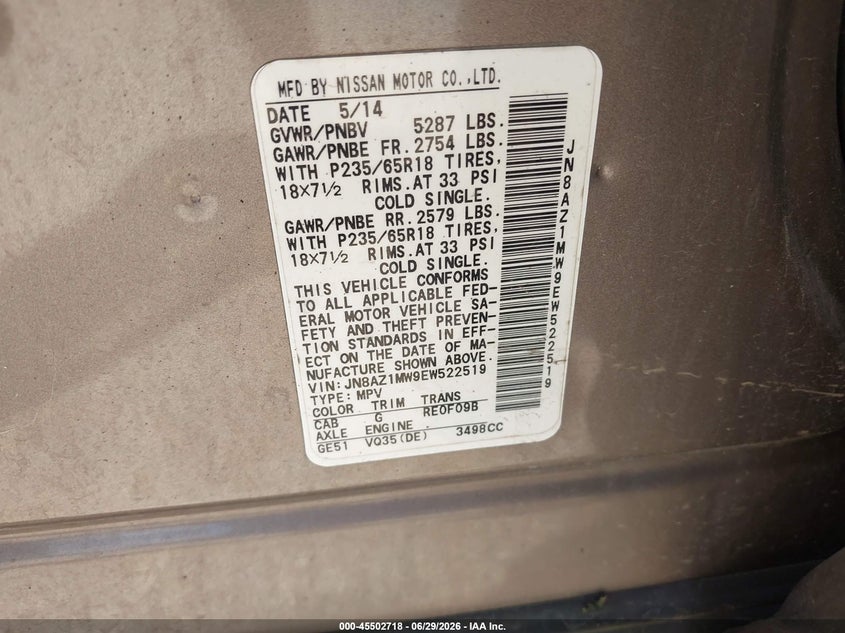 2014 Nissan Murano VIN JN8AZ1MW9EW522519 IAAI salvage auction — NORMAL WEAR, Clear (Indiana), sold $550 on 2026-07-29 (photo 9)