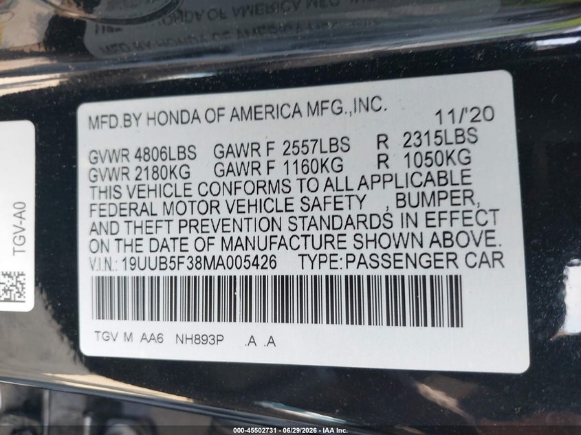 2021 Acura Tlx VIN 19UUB5F38MA005426 IAAI salvage auction — LEFT REAR, Salvage Title, sold $7,000 on 2026-08-18 (photo 9)