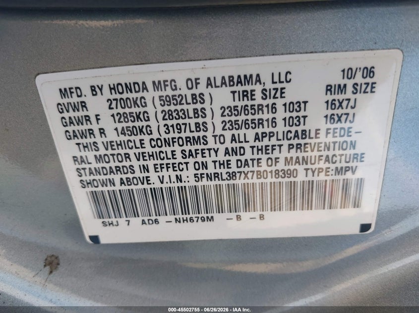 2007 Honda Odyssey VIN 5FNRL387X7B018390 IAAI salvage auction — NORMAL WEAR, Clear - Dealer Only (California), sold $425 on 2026-07-09 (photo 9)