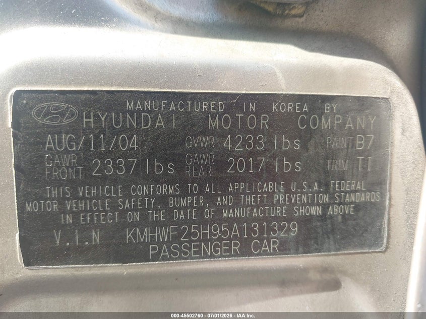 2005 Hyundai Sonata VIN KMHWF25H95A131329 IAAI salvage auction — FRONT END, Salvage (Idaho), sold $400 on 2026-07-14 (photo 9)