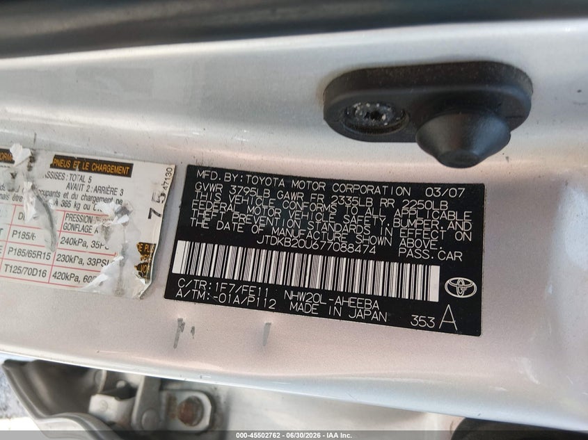2007 Toyota Prius VIN JTDKB20U677088474 IAAI salvage auction — NORMAL WEAR, Clear (Tennessee), sold $475 on 2026-07-30 (photo 9)