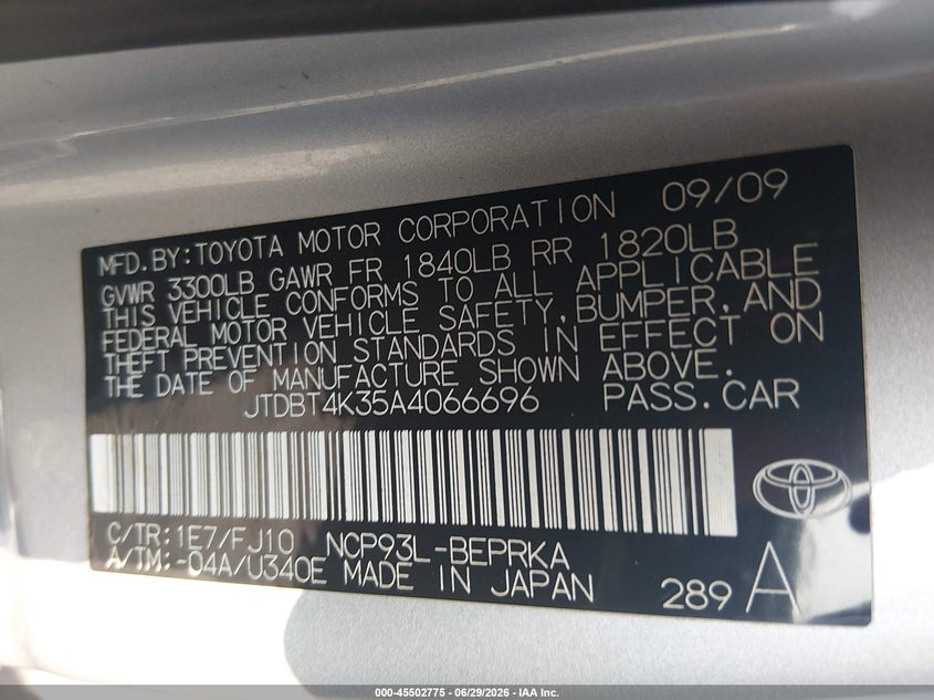 2010 Toyota Yaris VIN JTDBT4K35A4066696 IAAI salvage auction — NORMAL WEAR, Original (Ohio), sold $875 on 2026-07-07 (photo 9)