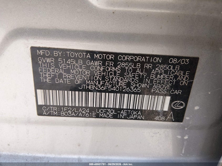 2004 Lexus Ls 430 VIN JTHBN36F540126365 IAAI salvage auction — FRONT END, Salvage (Texas), sold $150 on 2026-07-28 (photo 9)