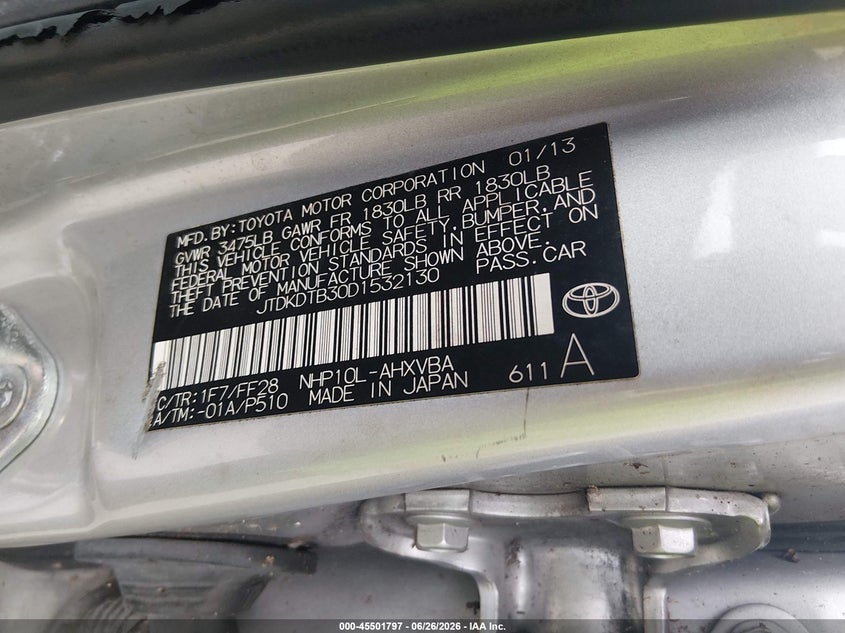 2013 Toyota Prius c VIN JTDKDTB30D1532130 IAAI salvage auction — NORMAL WEAR, Clear (Florida), sold $1,000 on 2026-07-28 (photo 9)