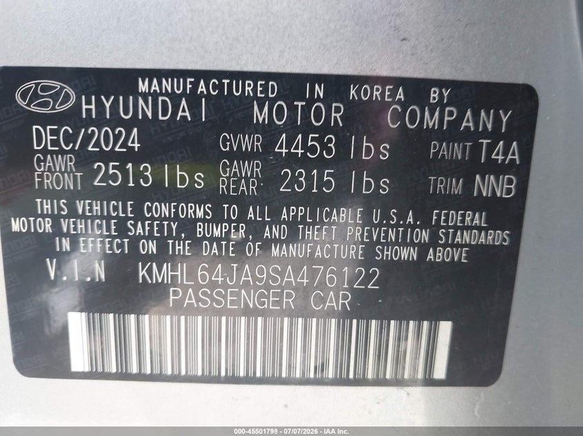 2025 Hyundai Sonata VIN KMHL64JA9SA476122 IAAI salvage auction — FRONT END, Clear (Florida), sold $13,275 on 2026-07-08 (photo 9)