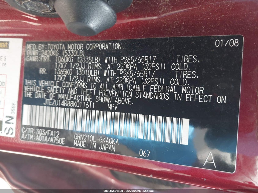 2008 Toyota 4runner VIN JTEZU14R88K011611 IAAI salvage auction — FRONT END, Salvage (North Carolina), sold $2,900 on 2026-07-29 (photo 9)