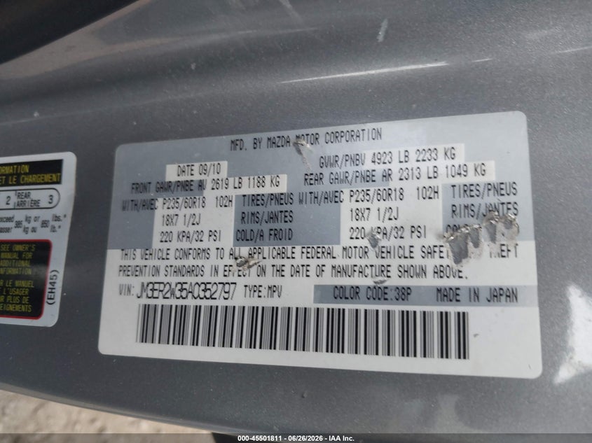 2010 Mazda Cx-7 VIN JM3ER2W35A0352797 IAAI salvage auction — NORMAL WEAR, Clear (Florida), sold $175 on 2026-07-28 (photo 9)