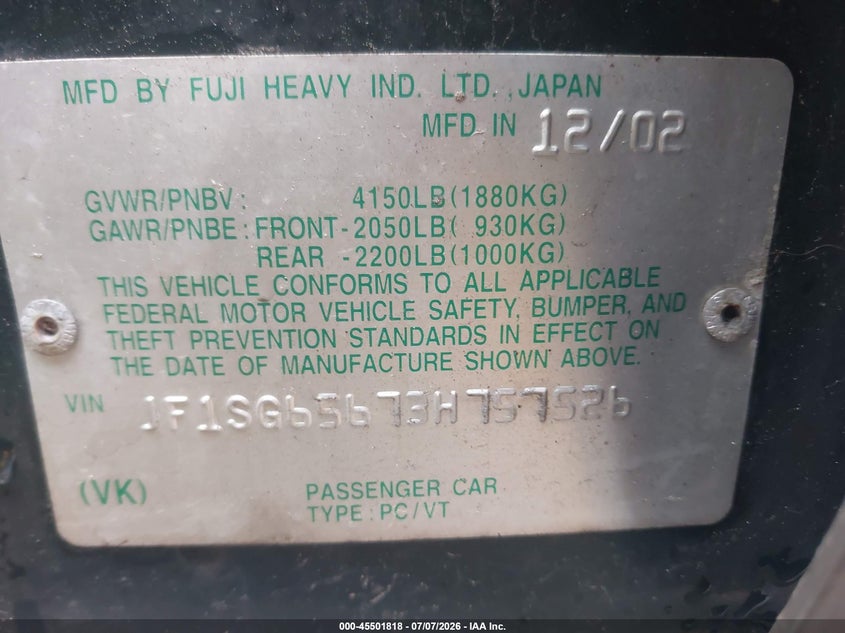 2003 Subaru Forester VIN JF1SG65673H757526 IAAI salvage auction — FRONT END, Clear (Massachusetts), sold $400 on 2026-07-10 (photo 9)