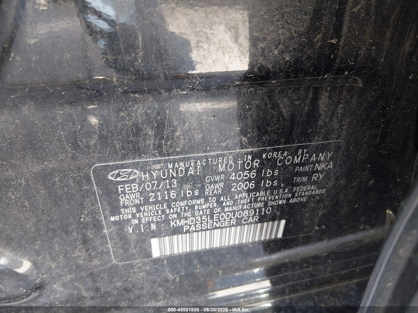 2013 Hyundai Elantra VIN KMHD35LE0DU089110 IAAI salvage auction — SIDE, Salvage (Missouri), sold $800 on 2026-07-10 (photo 9)