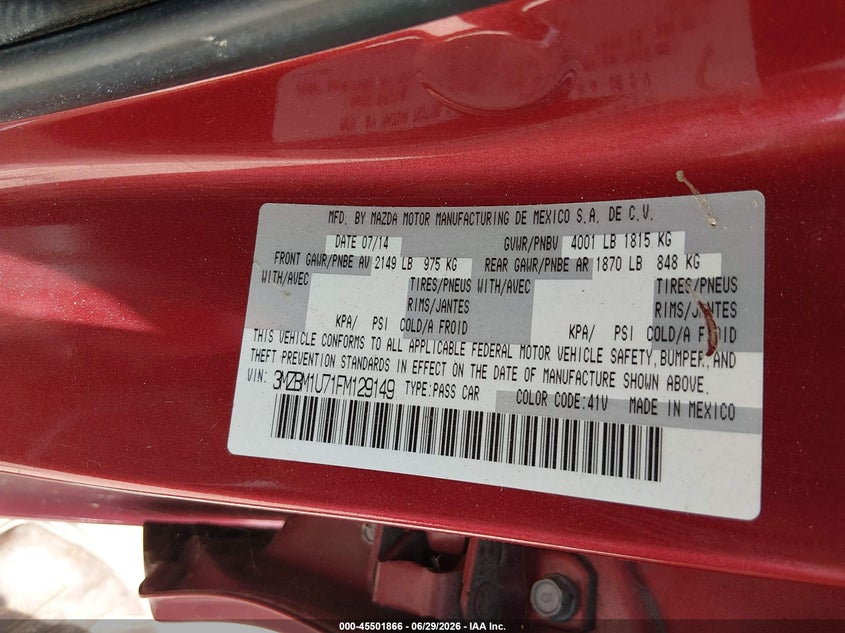 2015 Mazda 3 VIN 3MZBM1U71FM129149 IAAI salvage auction — NORMAL WEAR, Original (Texas), sold $900 on 2026-07-10 (photo 9)