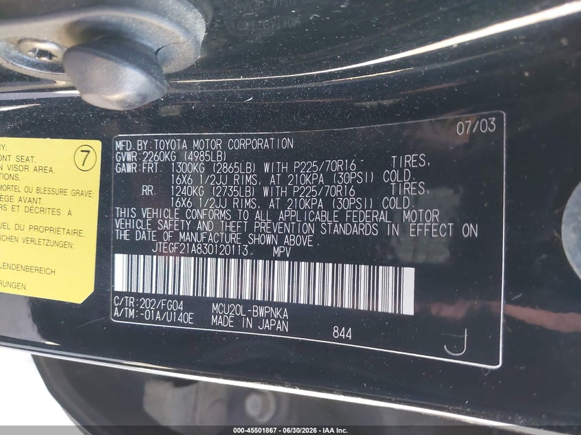 2003 Toyota Highlander VIN JTEGF21A830120113 IAAI salvage auction — LEFT REAR, Salvage (California), sold $925 on 2026-07-14 (photo 9)