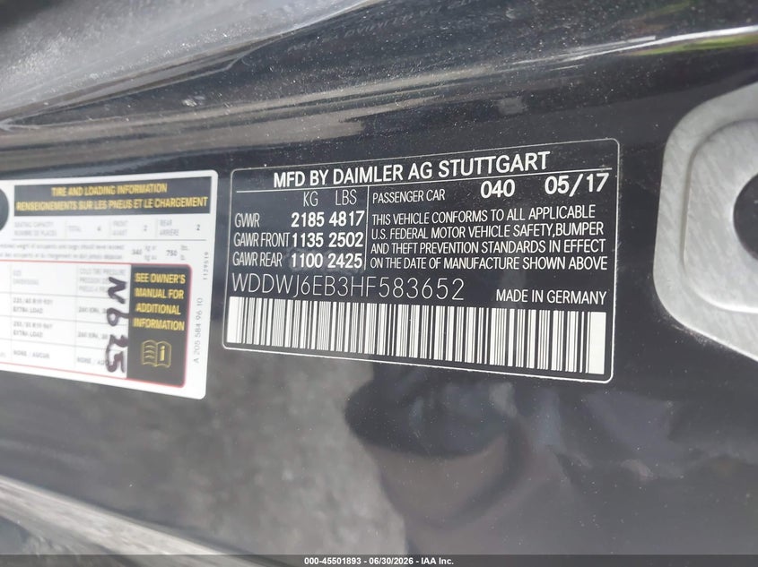 2017 Mercedes-benz VIN WDDWJ6EB3HF583652 IAAI salvage auction — FRONT END, Bill Of Sale (Washington), sold $5,100 on 2026-07-28 (photo 9)