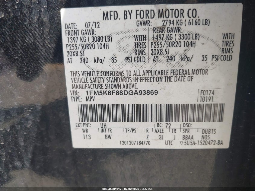 2013 Ford Explorer VIN 1FM5K8F88DGA93869 IAAI salvage auction — LEFT REAR, Salvage (Pennsylvania), sold $1,900 on 2026-07-19 (photo 9)