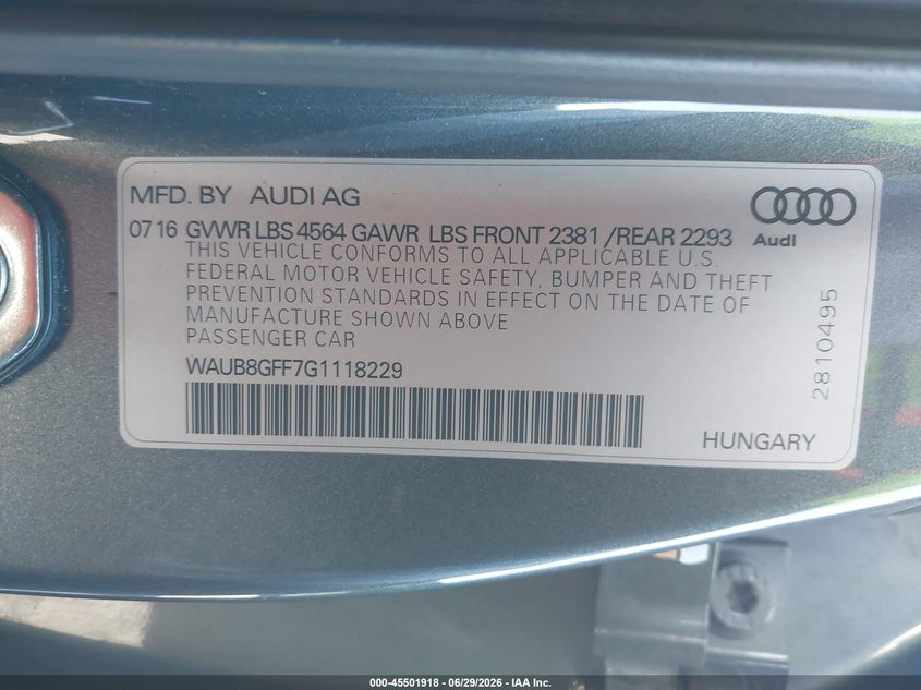2016 Audi A3 VIN WAUB8GFF7G1118229 IAAI salvage auction — NORMAL WEAR, Clear (Florida), sold $2,275 on 2026-07-09 (photo 9)