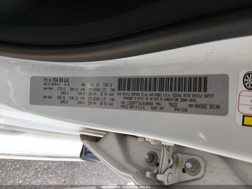 2020 Ram 1500 VIN 1C6SRFFTXLN109440 IAAI salvage auction — FRONT END, Salvage (Tennessee), sold $8,000 on 2026-07-25 (photo 9)