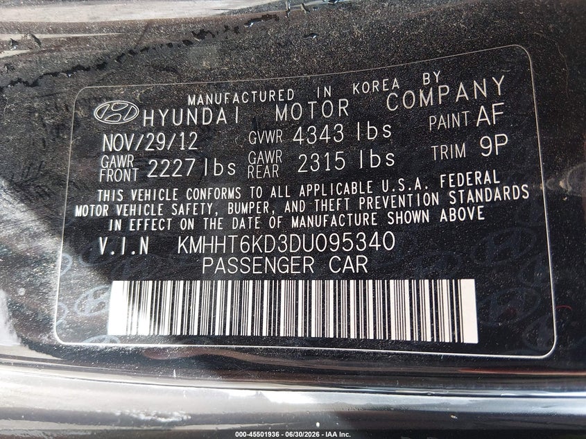 2013 Hyundai Genesis VIN KMHHT6KD3DU095340 IAAI salvage auction — FRONT END, Salvage Title, sold $975 on 2026-07-23 (photo 9)