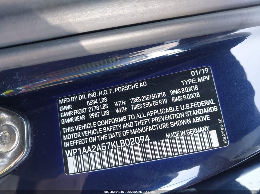 2019 Porsche Macan VIN WP1AA2A57KLB02094 IAAI salvage auction — FRONT END, Salvage (California), sold $11,200 on 2026-07-27 (photo 9)