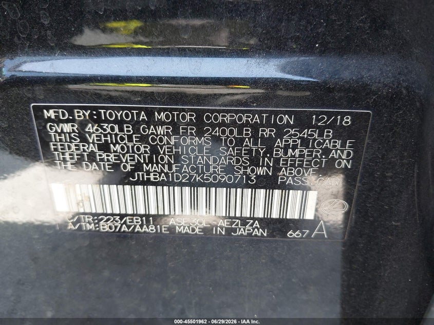 2019 Lexus Is VIN JTHBA1D27K5090713 IAAI salvage auction — RIGHT SIDE, Rebuildable (Florida), sold $2,650 on 2026-07-29 (photo 9)