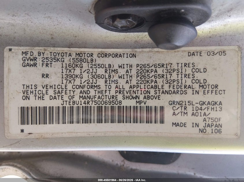 2005 Toyota 4runner VIN JTEBU14R750069508 IAAI salvage auction — NORMAL WEAR, Clear (Georgia), sold $2,600 on 2026-07-09 (photo 9)