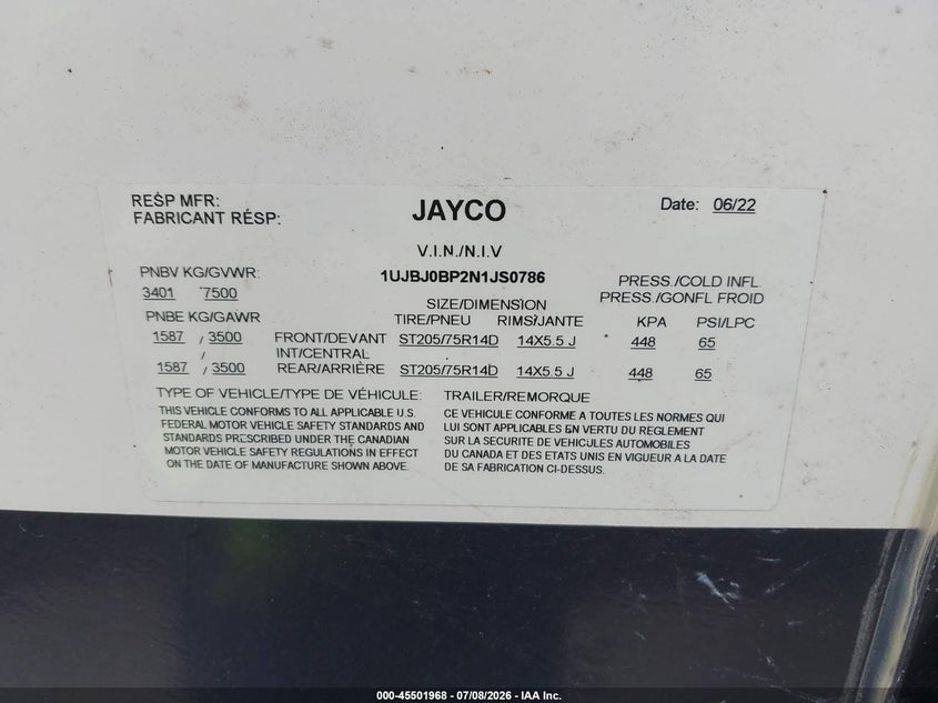2022 Jayco Other VIN 1UJBJ0BP2N1JS0786 IAAI salvage auction — STORM DAMAGE, Salvage (Nebraska), sold $4,350 on 2026-09-02 (photo 9)