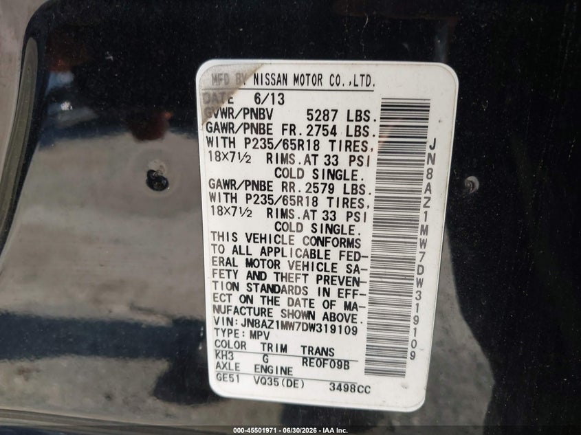 2013 Nissan Murano VIN JN8AZ1MW7DW319109 IAAI salvage auction — NORMAL WEAR, Clear (Virginia), sold $400 on 2026-07-14 (photo 9)