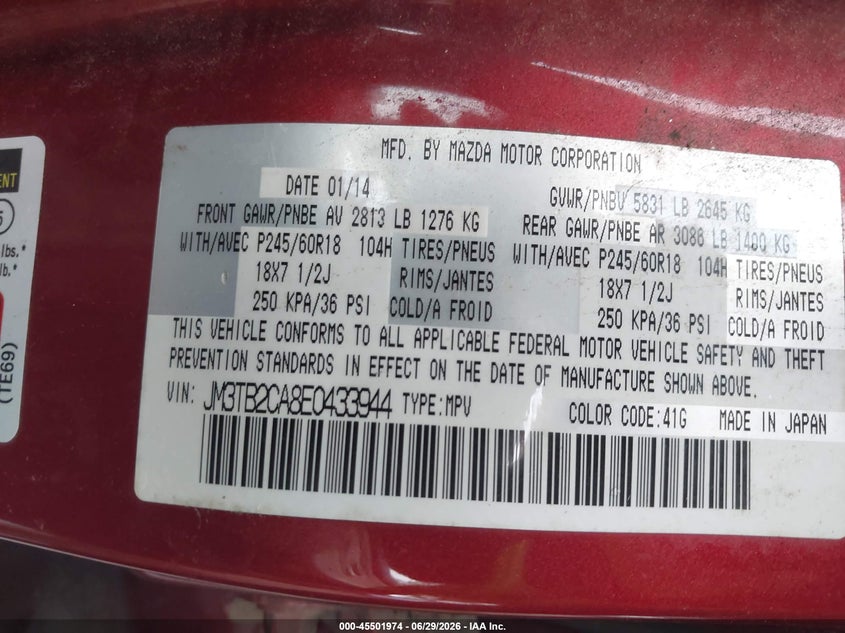 2014 Mazda Cx-9 VIN JM3TB2CA8E0433944 IAAI salvage auction — NORMAL WEAR, Clear (Virginia), sold $375 on 2026-07-09 (photo 9)