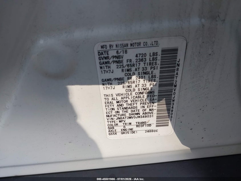 2018 Nissan Rogue VIN JN8AT2MV0JW349031 IAAI salvage auction — RIGHT FRONT, Salvage Title, sold $3,300 on 2026-08-01 (photo 9)