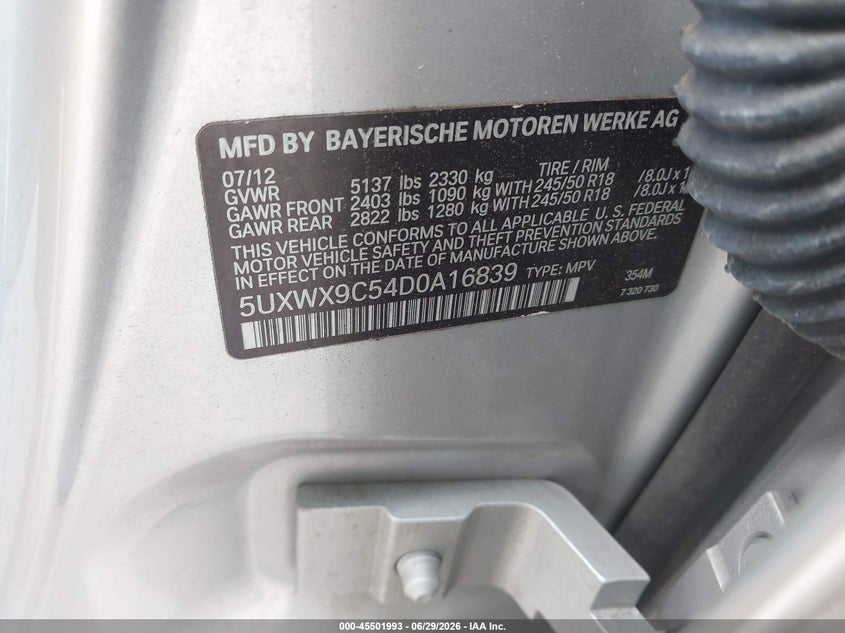 2013 BMW X3 VIN 5UXWX9C54D0A16839 IAAI salvage auction — FRONT END, Mv-907A (New York), sold $1,050 on 2026-07-21 (photo 9)