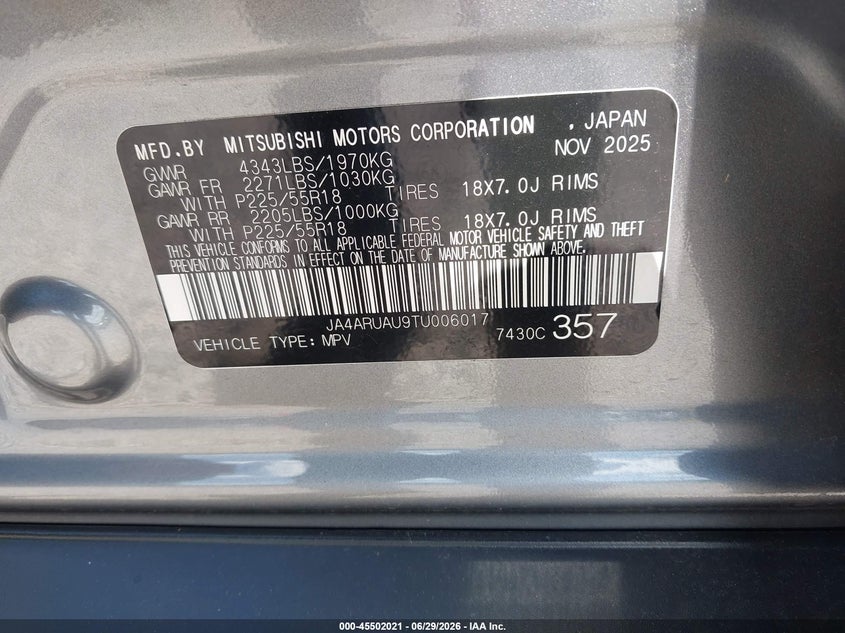 2026 Mitsubishi Outlander sport VIN JA4ARUAU9TU006017 IAAI salvage auction — LEFT FRONT, Enterprise Vehicles Clear Only (Florida), sold $6,650 on 2026-07-08 (photo 9)