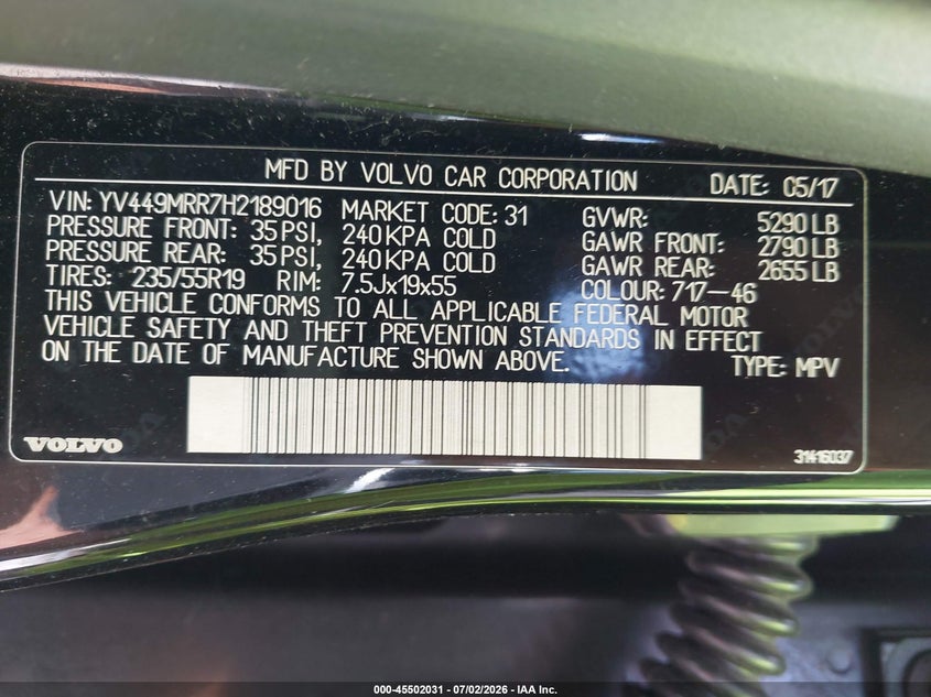 2017 Volvo Xc60 VIN YV449MRR7H2189016 IAAI salvage auction — FRONT END, Mv-907A (New York), sold $550 on 2026-08-16 (photo 9)
