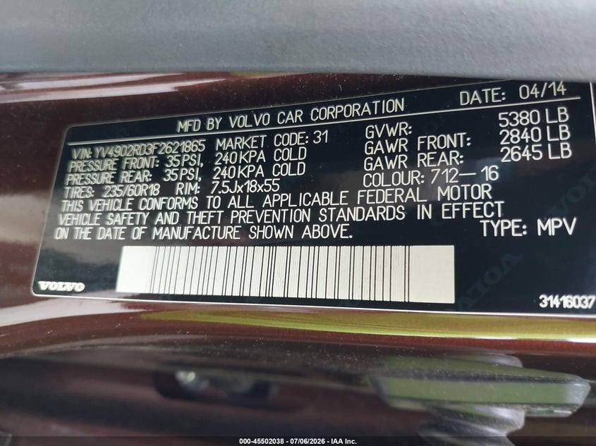 2015 Volvo Xc60 VIN YV4902RD3F2621865 IAAI salvage auction — REAR END, Salvage Title, sold $5,100 on 2026-07-26 (photo 9)