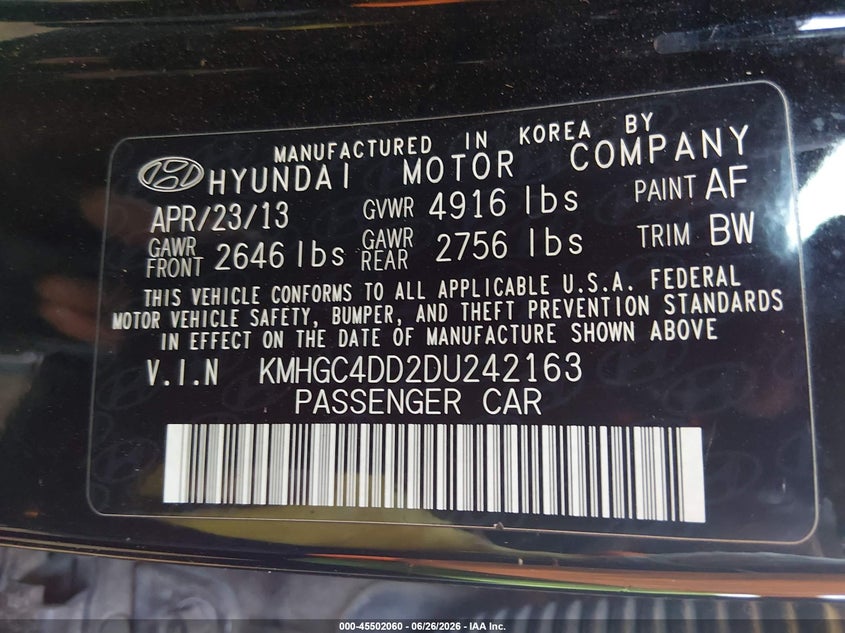 2013 Hyundai Genesis VIN KMHGC4DD2DU242163 IAAI salvage auction — NORMAL WEAR, Clear-Dealer Only (Arizona), sold $275 on 2026-07-28 (photo 9)