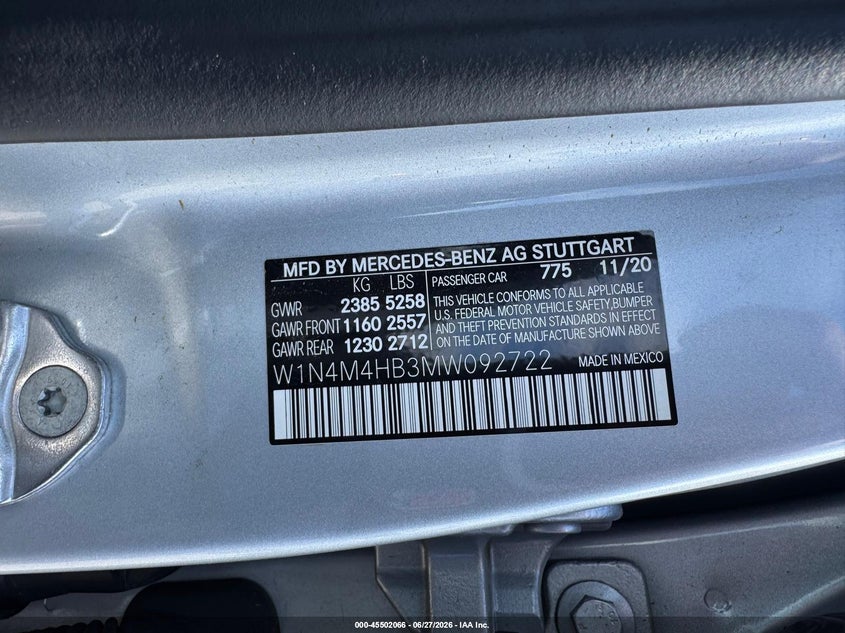 2021 Mercedes-benz Glb VIN W1N4M4HB3MW092722 IAAI salvage auction — UNKNOWN, Salvage Title, sold $6,600 on 2026-07-29 (photo 9)
