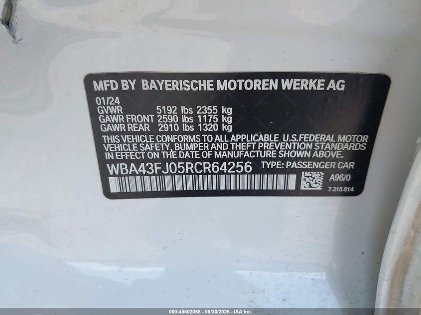 2024 BMW 5er VIN WBA43FJ05RCR64256 IAAI salvage auction — SIDE, Salvage Title, sold $24,300 on 2026-08-21 (photo 9)