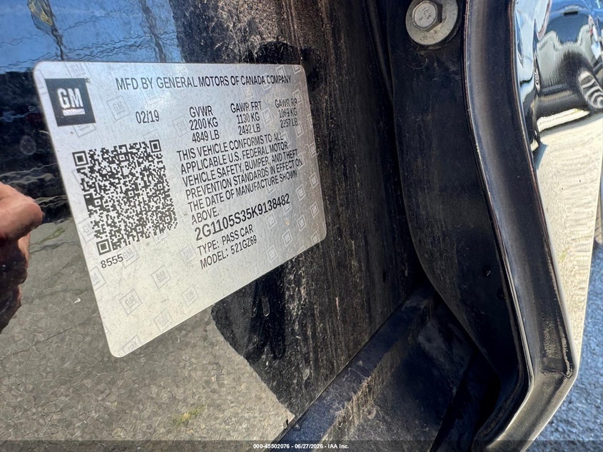 2019 Chevrolet Impala VIN 2G1105S35K9138482 IAAI salvage auction — UNKNOWN, Clear (Pennsylvania), sold $25 on 2026-07-08 (photo 9)