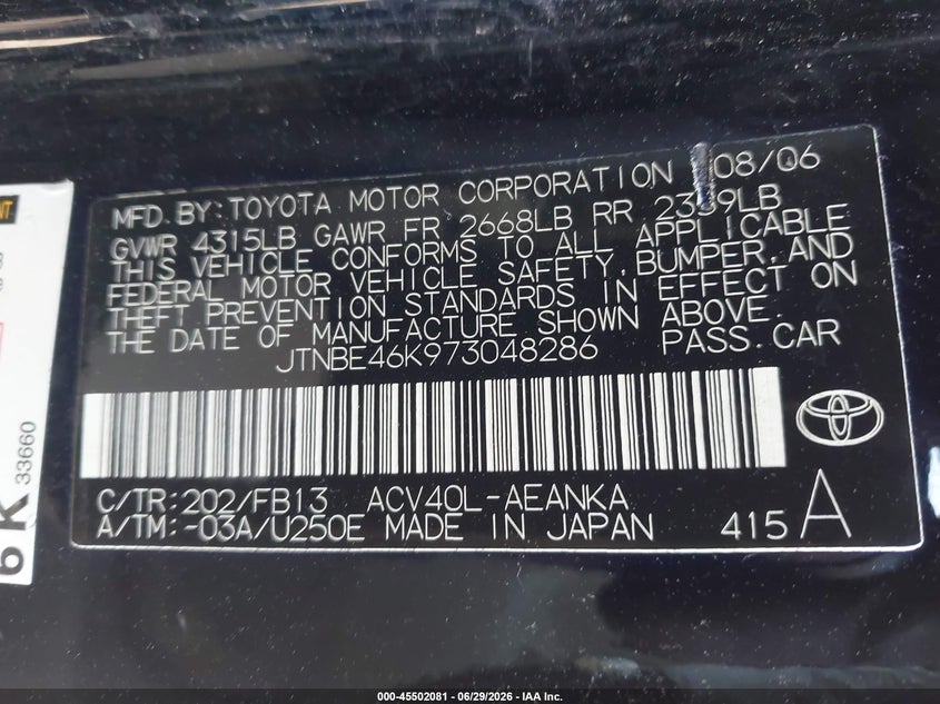 2007 Toyota Camry VIN JTNBE46K973048286 IAAI salvage auction — FRONT END, Salvage (California), sold $375 on 2026-07-20 (photo 9)