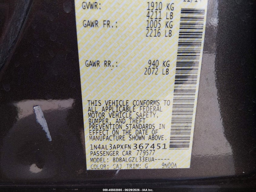 2015 Nissan Altima VIN 1N4AL3APXFN367451 IAAI salvage auction — RIGHT FRONT, Salvage (Missouri), sold $1,400 on 2026-07-30 (photo 9)