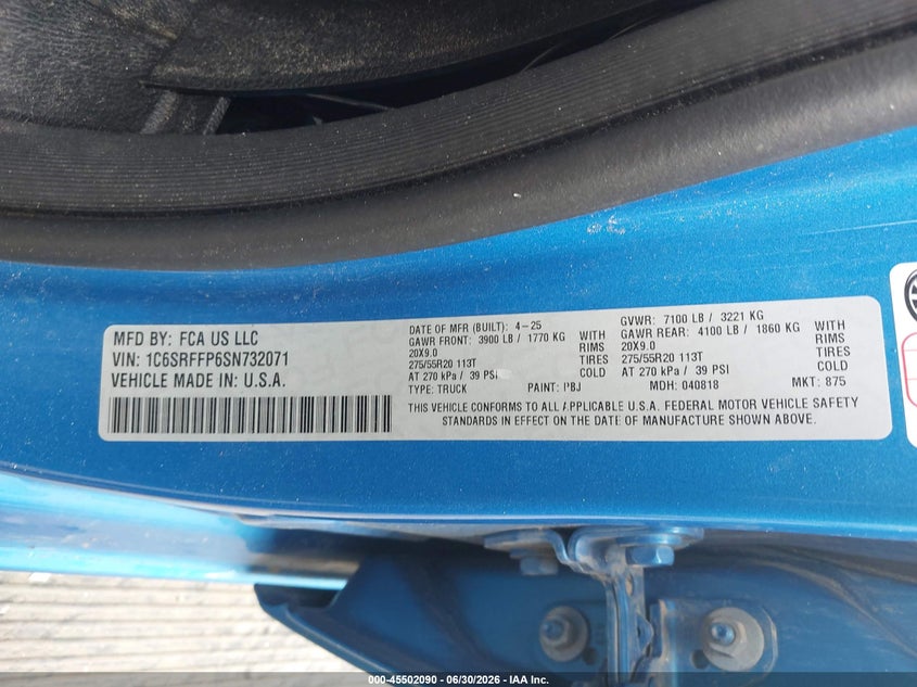 2025 Ram 1500 VIN 1C6SRFFP6SN732071 IAAI salvage auction — ROLLOVER, Junk Bill Of Sale Mv2459 (Wisconsin), sold $3,350 on 2026-07-25 (photo 9)