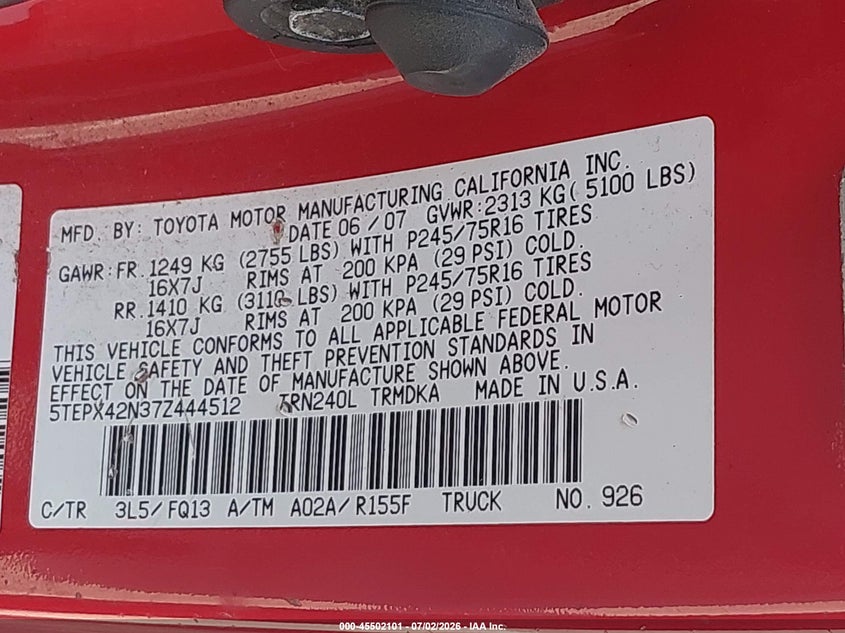 2007 Toyota Tacoma VIN 5TEPX42N37Z444512 IAAI salvage auction — REAR END, Clear (Indiana), sold $2,150 on 2026-07-29 (photo 9)